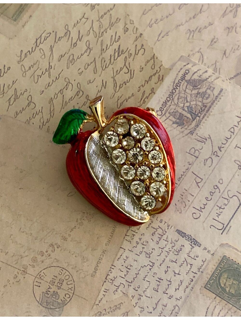 Vintage Sparkling Apple Brooch Pin with Red Enamel & Rhinestones